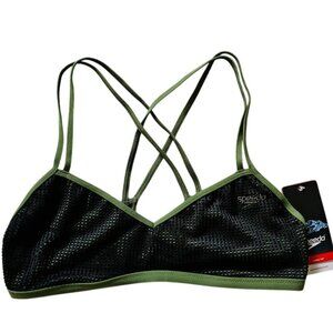 NWT SPEEDO Bikini Turnz Swim Top Swimsuit BLACK MESH CYPRESS GREEN size L Beachy